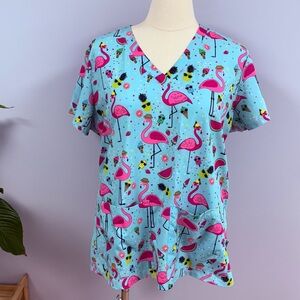 Ava Therese Scrub Top Plus 2X Turquoise Flamingo & Pineapple Print Scrubs Nurse